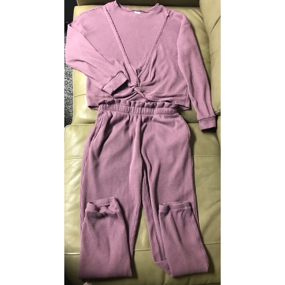 Gerry Girls Waffle Knit Lounge Set Mauve Purple Twist Front Top Joggers 14-16